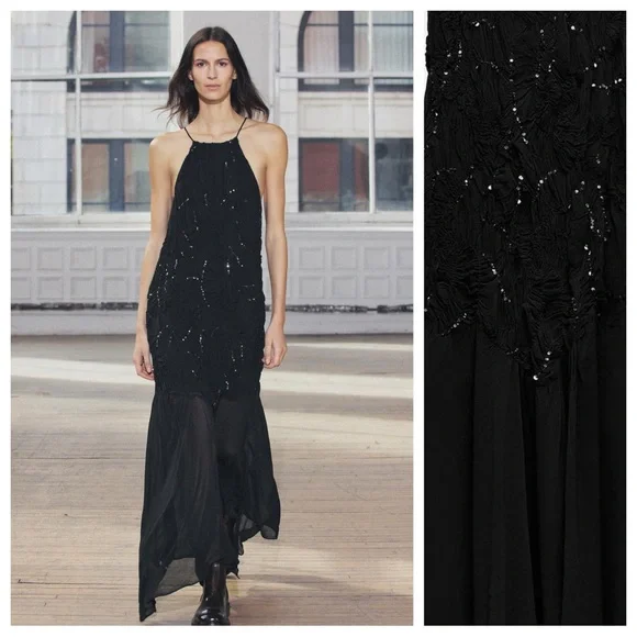 NWT. Zara ZW Collection Black Viscose Sequins Midi Dress. Size M.